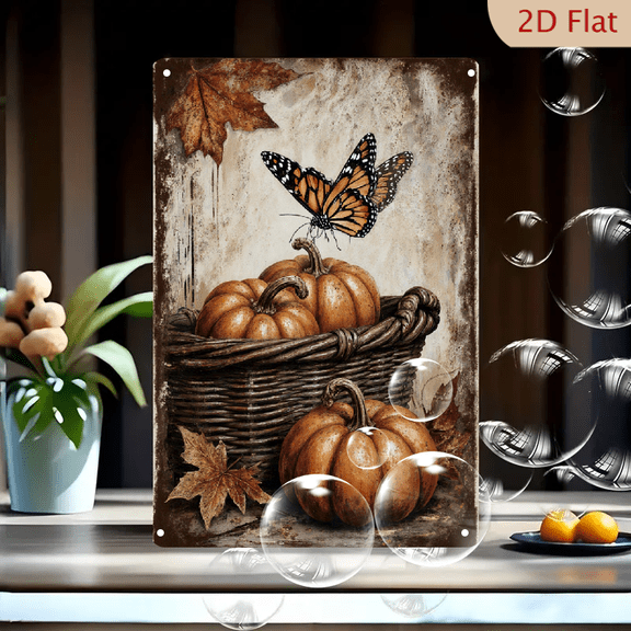 Rustic Autumn Still Life 8x12in Metal Wall Art, Vintage Harvest Pumpkin & Monarch Butterfly Painting with Dried Maple Leaves for Home Decor