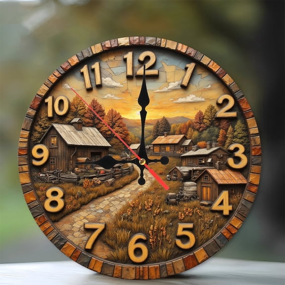 Rustic Autumn Village Stone Clock Wall Decor 10-Inch Silent Wooden Wall Clock, Battery Operated (AA Batteries Not Included), Artistic Home Decor