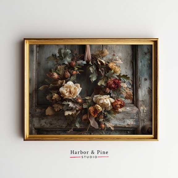 Rustic Autumn Wreath Oak Leaves Moody Fall Seasonal Artwork, UNFRAMED Size 16x16