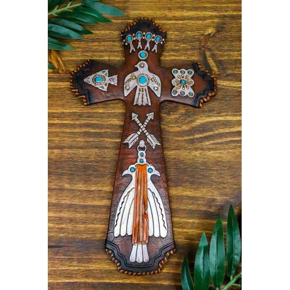 Rustic Aztec Mayan Indian Silver Bird Crossed Arrows Turquoise Stones Wall Cross