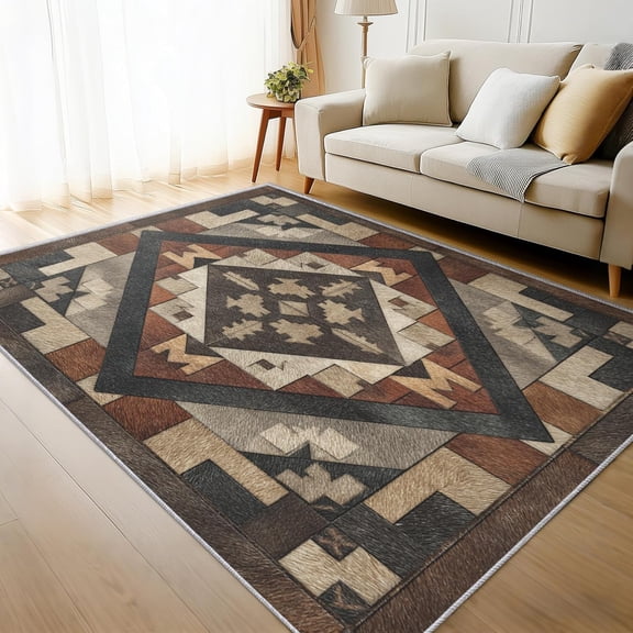 Rustic Aztec Tribal Area Rug, Southwestern Ethnic Pattern Indoor Carpet, Washable Non Slip Low Pile Soft Thin Rug for Living Room Bedroom Home Decor Mat 2x3ft