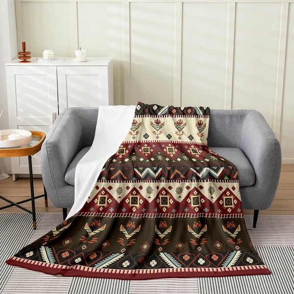 Rustic Baby 30x40 Inch Southwestern Aztec Tribal Fleece Throw Blanket - Red, Green Abstract Geometric Tribal Bedroom Decor Ethnic Grid Lattice Fuzzy