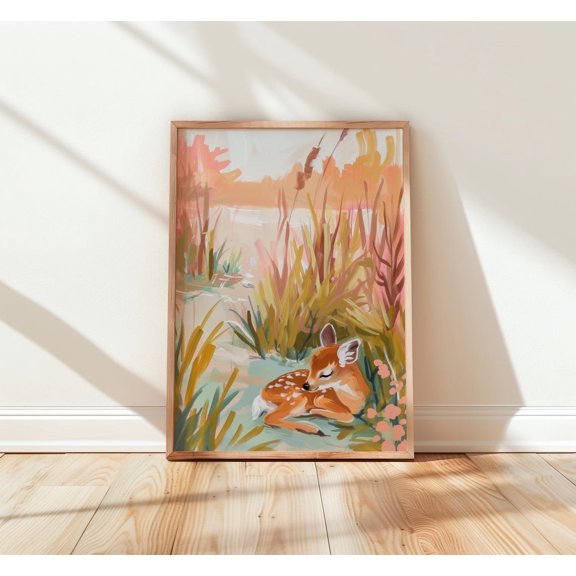 Rustic Baby Deer in Meadow Sage and Cream Tones Neutral Wall Art Nature Inspired Decor Autumn Landscape