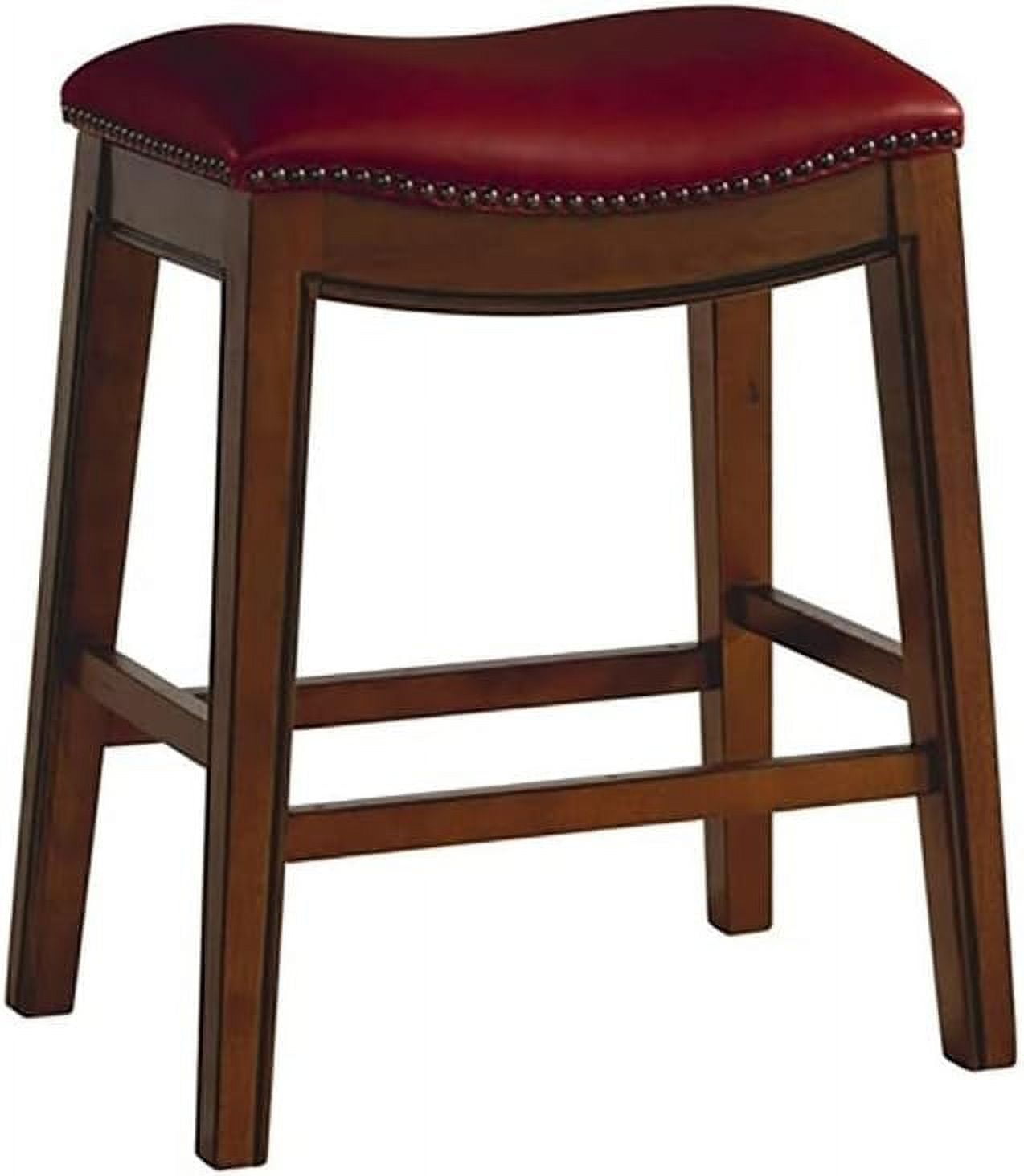 Transitional Red Leather & Wood 24" Saddle Counter Stool
