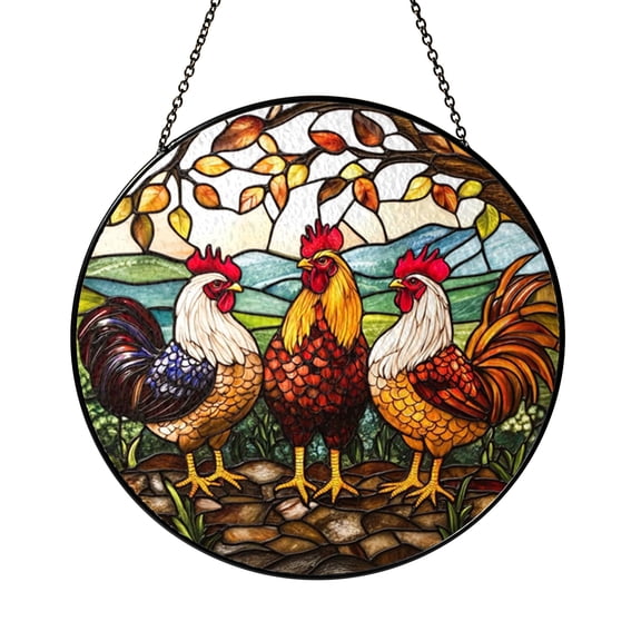 Rustic Backyard Chickens Window Hanging, Stained Glass Style Farmhouse Suncatcher Panel for Country Kitchen Decor