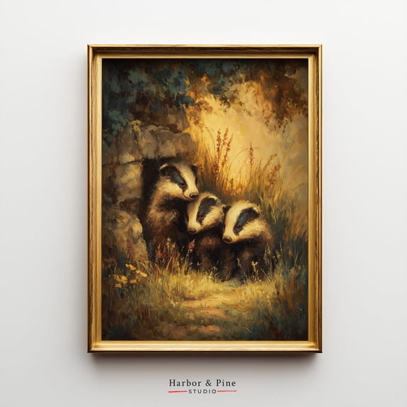 Rustic Badger Family Evening Scene Woodland Wildlife, Stretched Canvas 12x16in