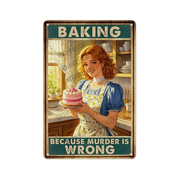 Rustic Baking Humor Tin Sign 12x16 Inch – Baking Because Murder Is Wrong Vintage Metal Wall Decor for Kitchen, Bakery, Coffee Bar – Fun Gift for Women, Chefs, Bakers