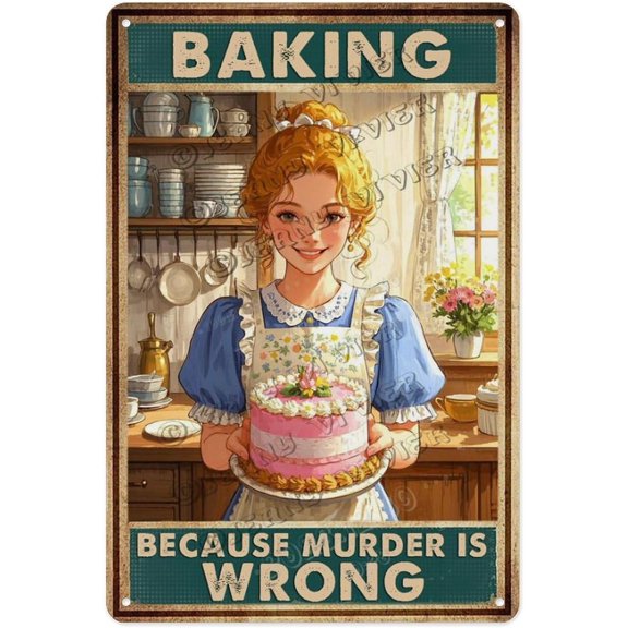Rustic Baking Because Murder Is Wrong 8x12 Inch Decorative Tin Sign Funny Metal Kitchen Decor for Home Cooks, Bakeries, Cafes Gift for Moms, Wives, Baking Enthusiasts