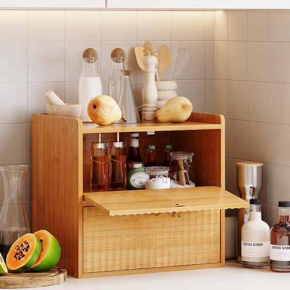 Rustic Bamboo Bread Box with Double Layer Large Capacity for Kitchen Countertop Food Storage Organizer