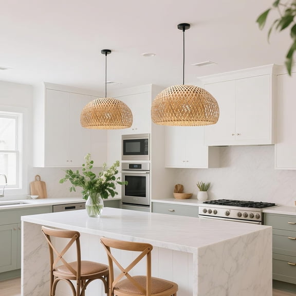 Rustic Bamboo Pendant Light, 15.74 inch One-Light Boho Basket Handmade Woven Pendant Lighting for Bedroom, Kitchen, Living Room Boho Decor