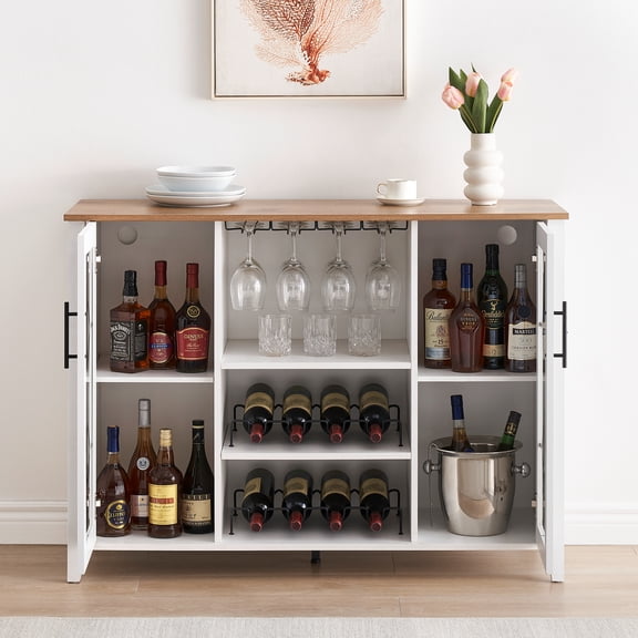 Rustic Bar Cabinet with LED Lights – 47'' Wine & Liquor Storage, Glass Holder, Wine Rack, Coffee Station – Home Bar Furniture for Kitchen & Living Room
