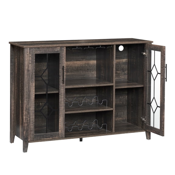 Rustic Bar Cabinet with LED Lights – 47'' Wine & Liquor Storage, Glass Holder, Wine Rack, Coffee Station – Home Bar Furniture for Kitchen & Living Room