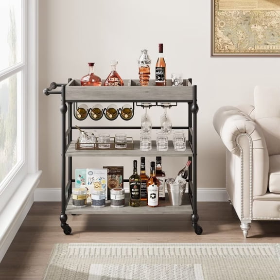Rustic Bar Cart | 3-Tier Design | 360° Rotating Casters | Easy Assembly