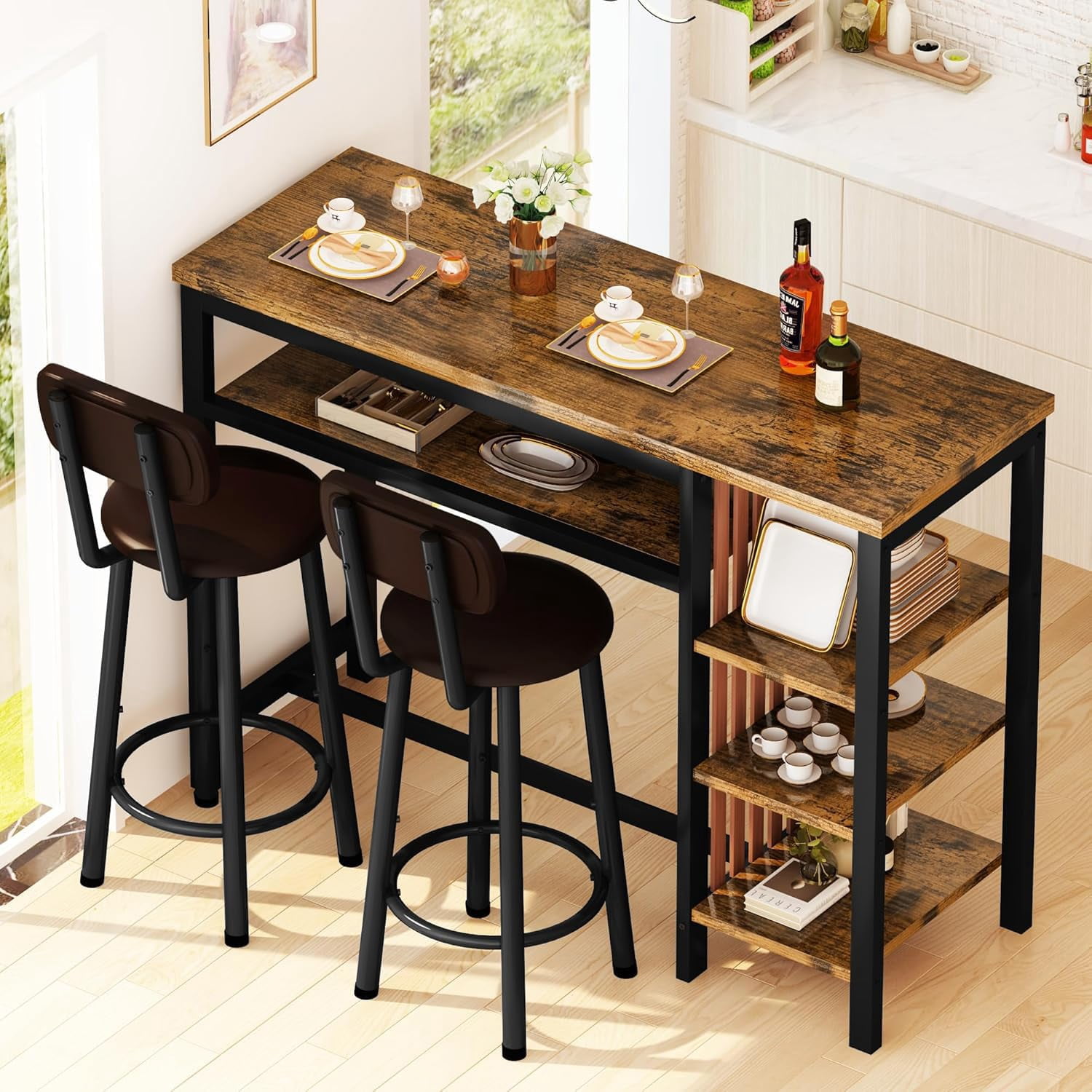 Rustic Bar Height Dining Table Set for 2 with Storage Shelves and ...