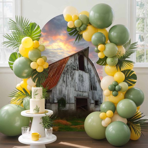 Rustic Barn Arch Backdrop Cover, 4FT, Sunset Farmhouse Countryside Spandex Arch Covers Double-Sided Backdrop for Wedding Birthday Party Photo Background Decoration