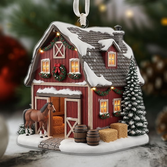 Rustic Barn Christmas Ornament with Horse – Farmhouse Holiday Tree Decor, Country Winter Horse Barn Keepsake and Charming 2025 Farm Ornament Gift