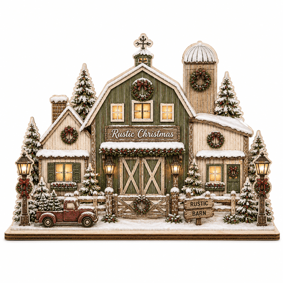 Rustic Barn Christmas Scene Wooden Block for Holiday Tabletop Decor