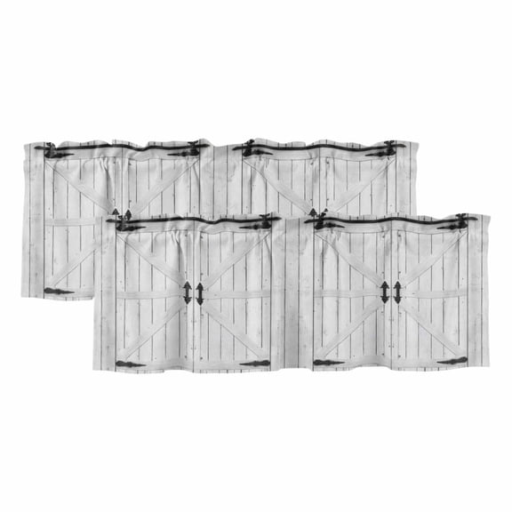 Rustic Barn Door 2 Panels Kitchen Valance, Vintage Farmhouse Door Beige Wood Board Curtains Valances for Small Windows Rod Pocket Window Treatments for Living Room Bedroom 42" W x 12" L