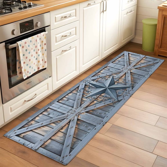 Rustic Barn Door 2x6 Runner Rug for Hallway Walkway Kitchen Galley, Vintage Grey Blue Star Berry Grey Wood Board Low Pile Washable Non Slip Long Area Rug
