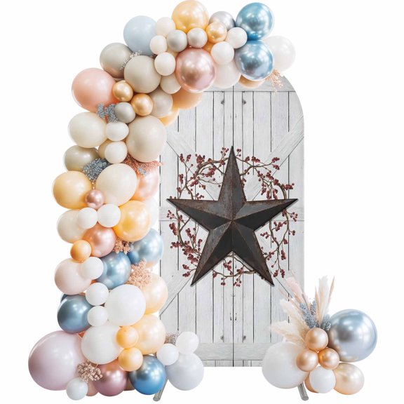 Rustic Barn Door Arch Backdrop Cover 5 FT Vintage Rust Red Star Red Berry Beige Wood Board Stretchy Elastic Arch Stand Covers Spandex Arched Background Birthday Wedding Party Decoration (No Stand)