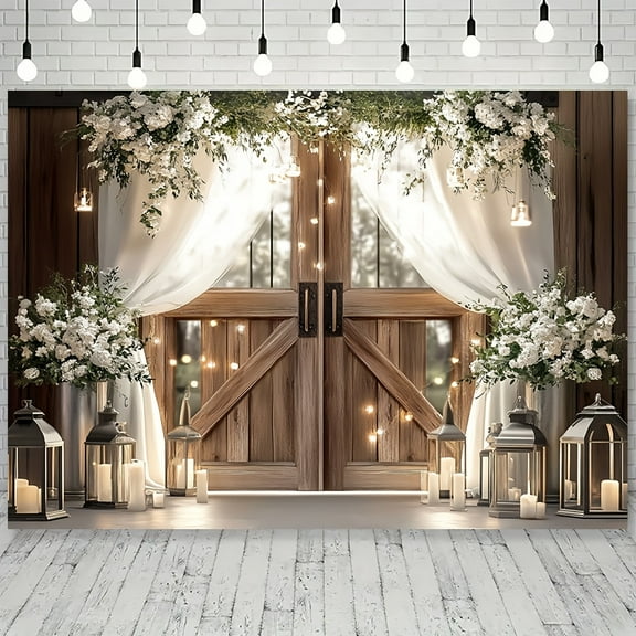 Rustic Barn Door Backdrop Vintage Wooden Board Light Western Wedding Photography Background Greenery White Floral Curtain Bridal Shower Anniversary Party Decorations Banner Supplies Photo Booth Props