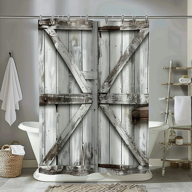 Rustic Barn Door Bathroom Curtain Grey White Wood Texture Farmhouse ...