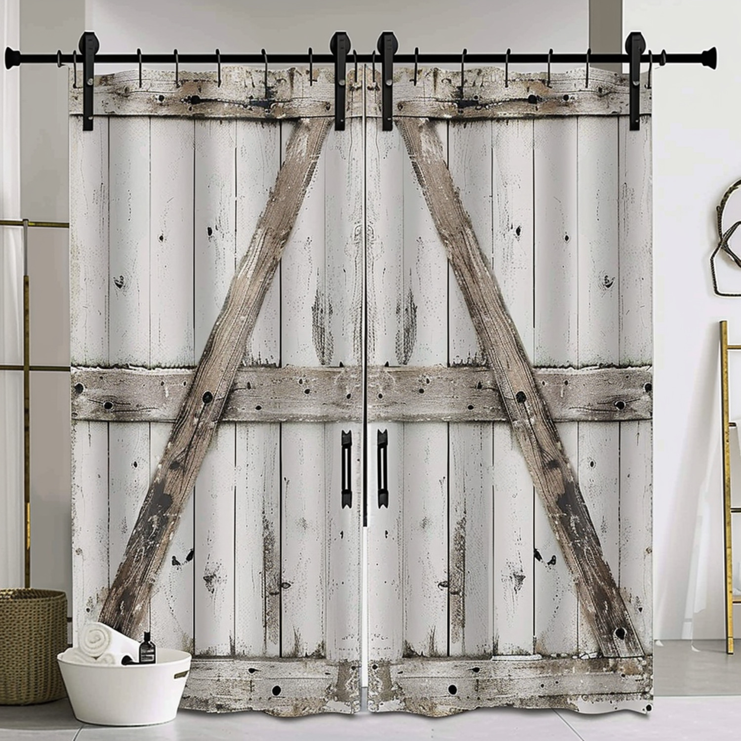 Rustic Barn Door Bathroom Curtain Vintage Farmhouse Style Shower