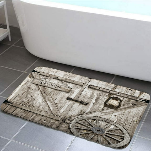 Rustic Barn Door Bathroom Rug, Garage Cabin Farmhouse Wooden Non-Slip Outdoor Indoor Door Mat, Super Soft and Absorbent Bath Mats, Country Barn Door Bath Mat Bathroom Rugs, 17X29in
