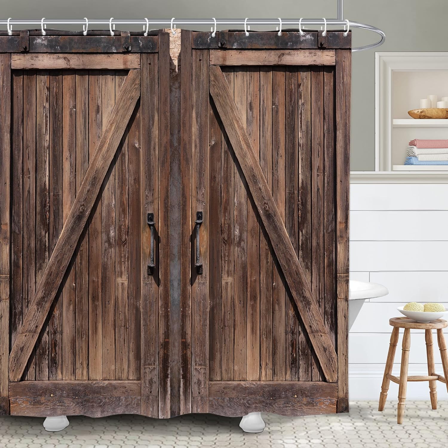 Rustic Barn Door Bathroom Shower Curtain 72W by 84H Inch Brown Garage Wood Wooden American Style Farmhouse Rural Polyester Fabric 12 Plastic Hooks Waterproof Decor
