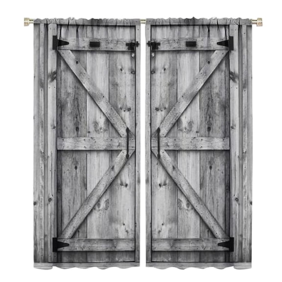 Rustic Barn Door Blackout Curtains, Grey Weathered Wood Plank Print Window Drapes, Farmhouse Thermal Insulated Curtain Panels for Bedroom Living Room