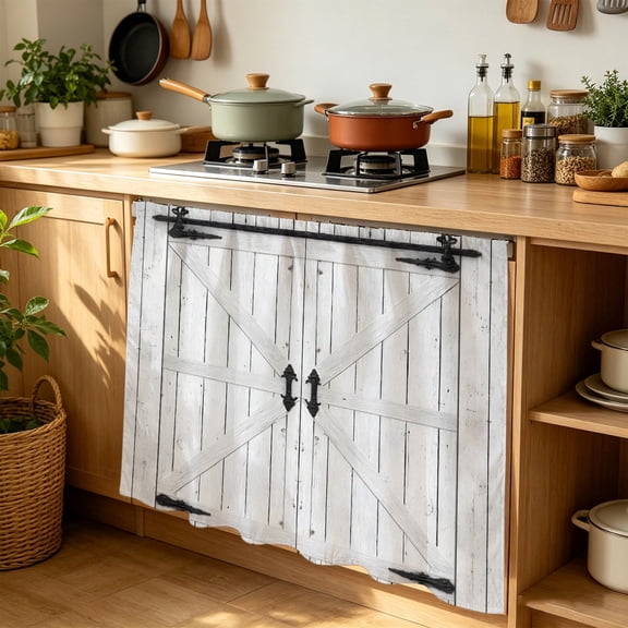 Rustic Barn Door Cabinet Curtains 35" W x 35" L Vintage Farmhouse Door Beige Wood Board Waterproof Adhesive Kitchen Under Sink Curtain Dust-Proof Dishwasher Skirt for Closet