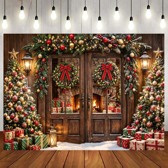Rustic Barn Door Christmas Backdrop, Snowy Tree Photo Banner 5X3 ft