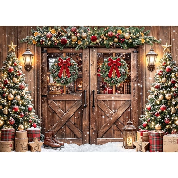 Rustic Barn Door Christmas Backdrop Snowy Tree Photo Booth Decor Vinyl Banner Holiday Party Prop Family Portrait Gift Display Studio Photography Winter Scene Wall 5X3 ft