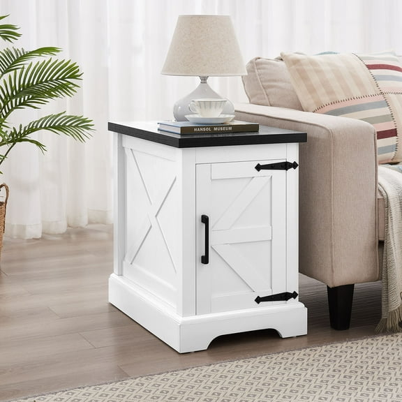 Rustic Barn Door End Table Nightstand with Adjustable Shelf, Farmhouse Side Table in White & Black 21.65x15.75x23.94 Inches