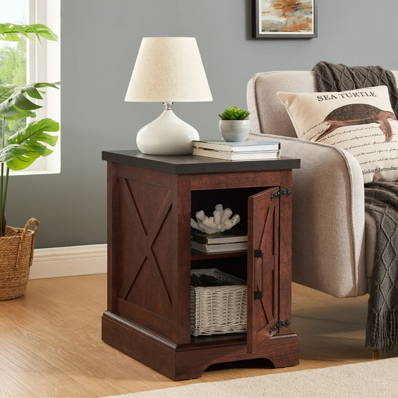 Rustic Barn Door End Table Nightstand with Adjustable Shelf, Farmhouse Side Table in White & Black 21.65x15.75x23.94 Inches