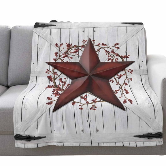Rustic Barn Door Fleece Throw Blanket Lightweight Vintage Dark Black Red Star Berry Beige Wood Board Fuzzy Flannel Throws Super Soft Cozy Flannel Blanket for Couch, Sofa, Bed, Travel 60"x80"