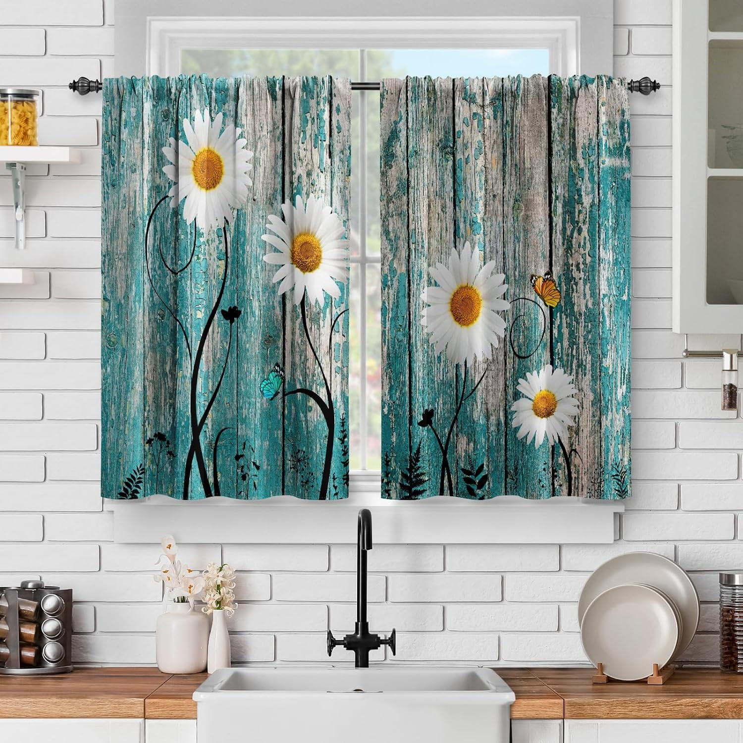 Rustic Barn Door Floral Kitchen Curtains - Vintage Teal Wooden Board Flowers Butterfly Farmhouse ...