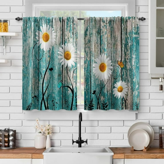 Rustic Barn Door Floral Kitchen Curtains - Vintage Teal Wooden Board Flowers Butterfly Farmhouse Decor Short Curtains for Dining Room Rod Pocket Window Drapes 2 Panels Set, 28"x36"