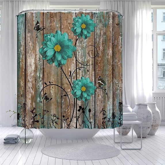 Rustic Barn Door Floral Shower Curtain, Vintage White Daisy Butterfly Teal Brown Countryside Western Bathroom Curtain Sets, Waterproof Fabric Farmhouse Decor 72 X 72 Inch (Green Teal)