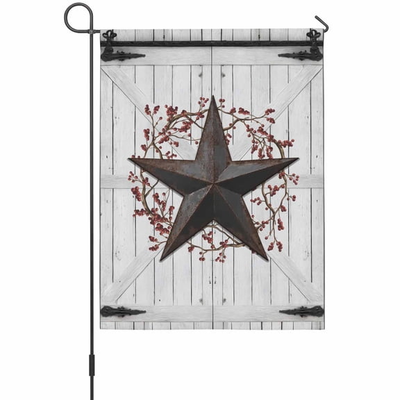 Rustic Barn Door Garden Flag 12x18 Inch Vintage Rust Red Star Red Berry Beige Wood Board Double Sided Outdoor Garden Flags Welcome House Flag Decorative Yard Flags for Outside Holiday Decoration