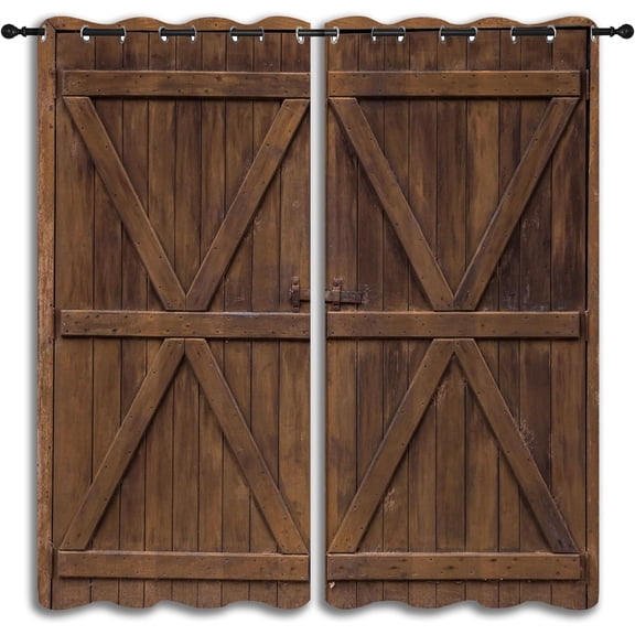 Rustic Barn Door Grommet Blackout Curtains for Boy Girl Bedroom, Brown Wooden Farmhouse Door Home Energy Efficient Light Filtering Window Curtain for Living Room, 42x63 inch