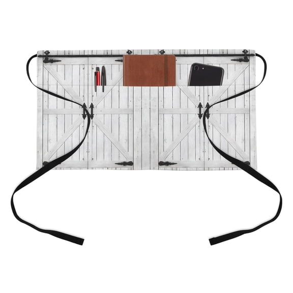 Rustic Barn Door Half Waist Apron Vintage Farmhouse Door Beige Wood Board Short Waiter Aprons with 3 Pockets for Women Men Kitchen Restaurant Cooking