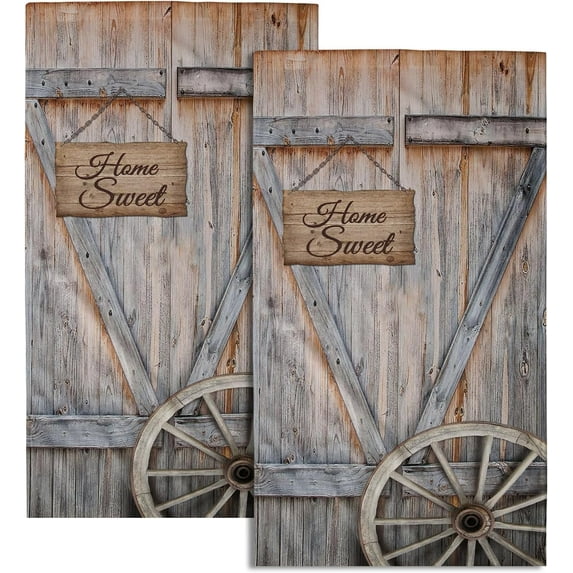 Rustic Barn Door Hand Towel for Bathroom 2 Pack, Grey Brown Wooden Farmhouse Face Guest Towel Decorative for Bathroom Kitchen Yoga Gym