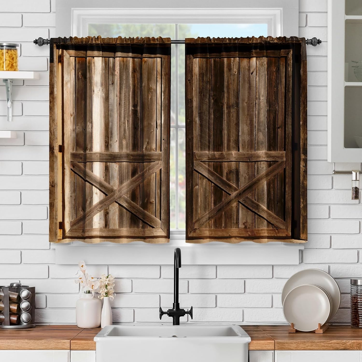 Rustic Barn Door Kitchen Curtains Farmhouse Country Short Cafe