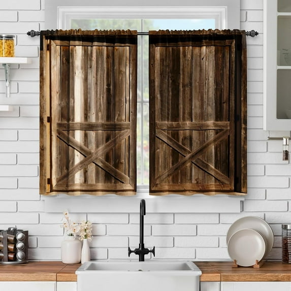 Rustic Barn Door Kitchen Curtains - Farmhouse Country Short Cafe Curtains for Living Room Bedroom Decor Farm Village Tier Curtains Rod Pocket Window Drapes 24 Inches Length 2 Panel Set