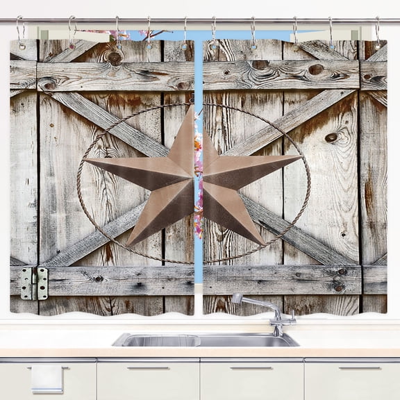 Rustic Barn Door Kitchen Curtains, Western Texas Star Kitchen Curtains, Wooden Door Country Window Valances Curtain Western Texas Star Kitchen Curtains Window Drape Treatment 2 Panels 21 x 45 Inch