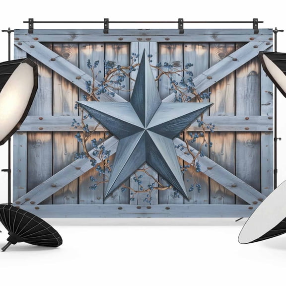 Rustic Barn Door Photography Backdrop 7x5FT, Vintage Grey Blue Star Berry Grey Wood Board Photo Backdrops, Background for Photography Studio Photo Studio Background, Back Drop for Photoshoot