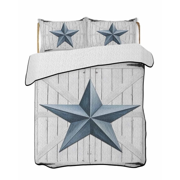 Rustic Barn Door Quilts Bedding Set Queen Size Vintage Grey Blue Star Beige Wood Board Lightweight Quilted Bedspread 3 Piece Bed Quilt with 2 Pillow Shams All Season for Bedroom 78" x 90"