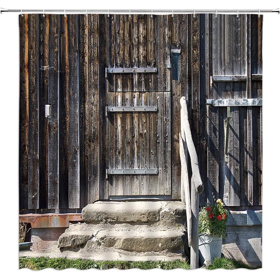 Rustic Barn Door RV Shower Curtain Vintage Wooden Board Garage Countryside Western Farmhouse Old Retro Brown Small Stall Bathroom Home Curtain with Hooks,36" Wx70 H