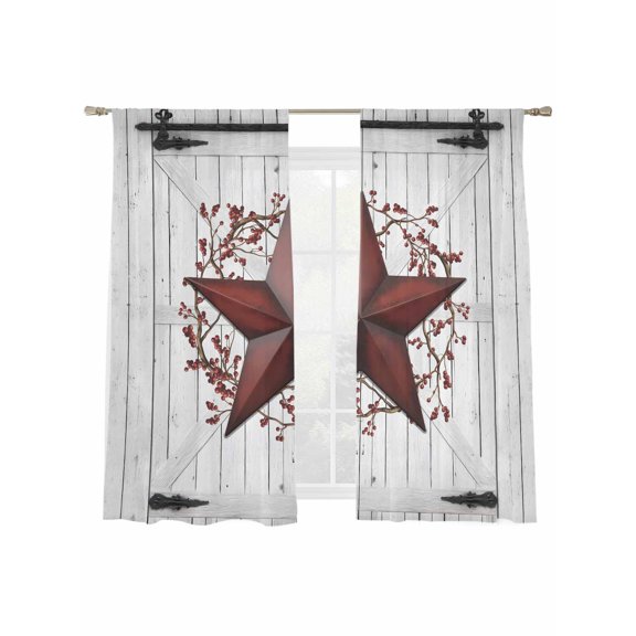 Rustic Barn Door Sheer Curtains 2 Panels Set Vintage Dark Black Red Star Berry Beige Wood Board Sheer Window Curtains Light Filtering Rod Pocket Voile Drapes for Bedroom Living Room 52"x63"